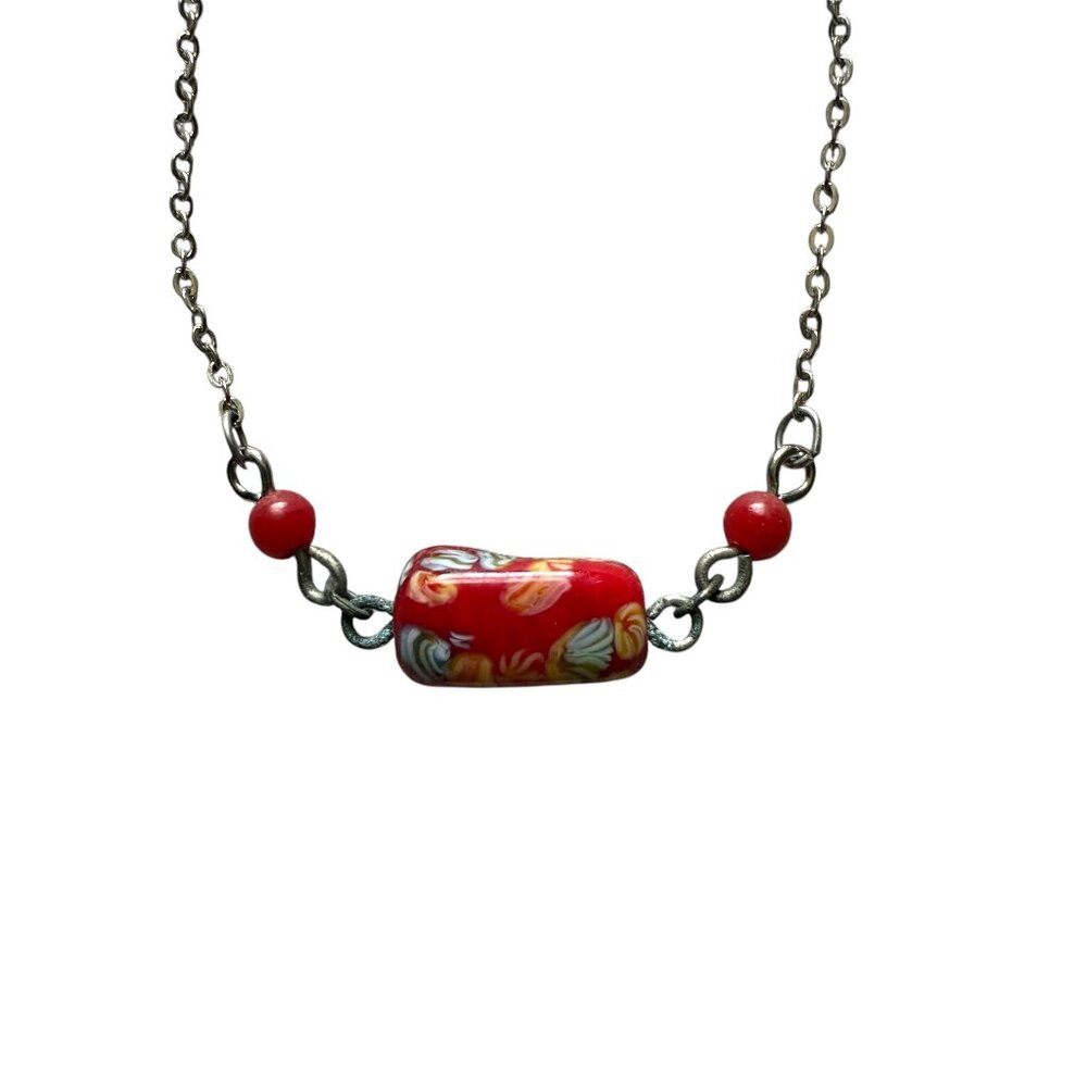 Silver bracelet red floral rectangle bead two small red beads and lobster claw